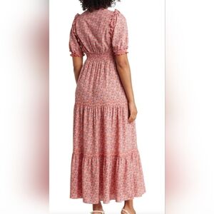 Max Studio - Collar V-Neck Short Smocked Sleeve Tiered Ruffle Maxi Dress - L